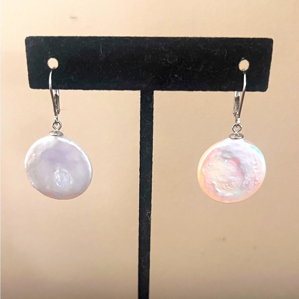 Keshi White Coin Pearl Earrings in 925 Sterling Silver, 1 1/2" drop, Worn Once